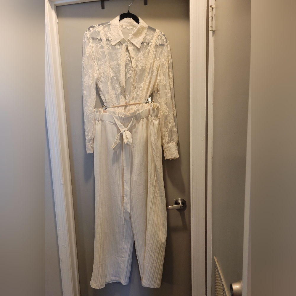 BLOUSE NO LONGER AVAILABLE SORRY!Elegant Lace Sheer Blouse And Cream Slacks